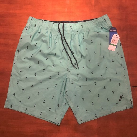 NWT Nautica Men's Swim Trunks, Size L, Green with Blue Anchors - Picture 2 of 3